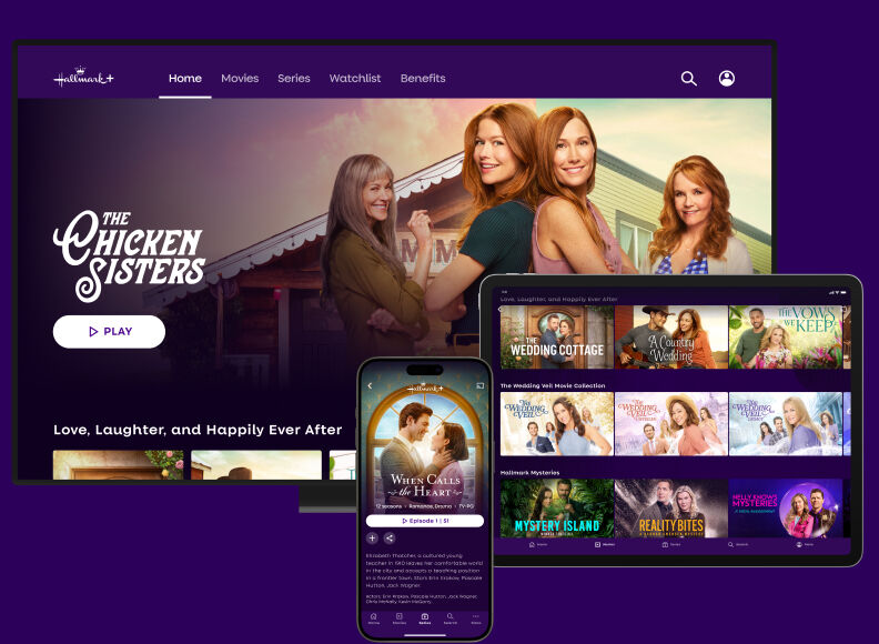 Computer, tablet and phone screens showing Hallmark+ homepage and shows
